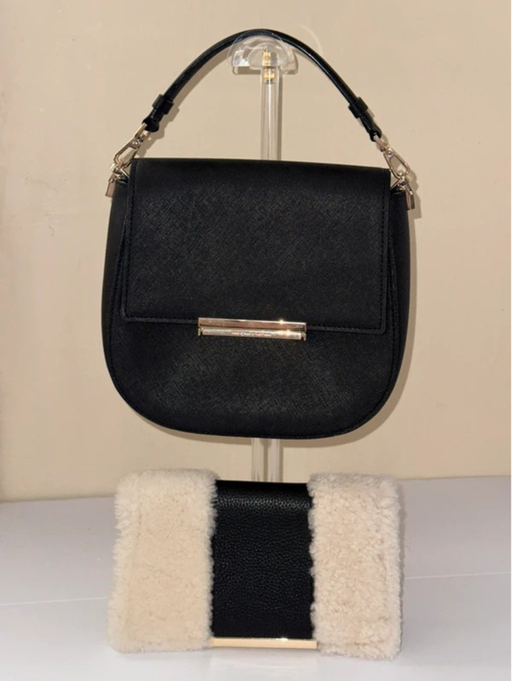 Kate Spade Make It Mine Byrdie Black Crossbody Bag + Shearling Flap